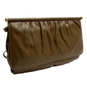 Vintage 70s Chic Preppy Taupe Pleated Leather Shoulder Bag Clutch